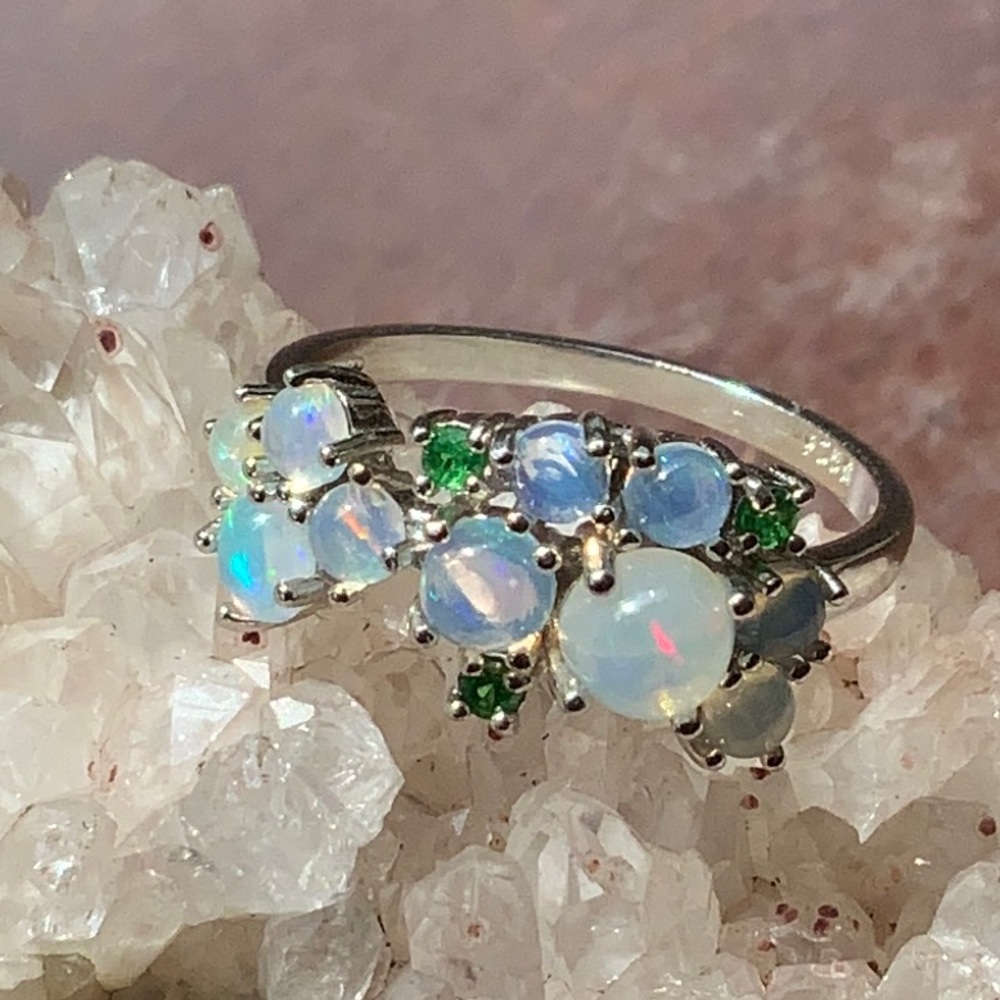 FIRE OPAL & CHROME DIOPSIDE 925 STERLING SILVER RING, SIZE 8
